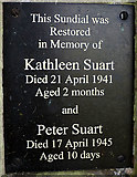SD5678 : Plaque on Suart memorial sundial, St John's Church, Hutton Roof by Karl and Ali