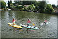 View of surfboarders on the Thames from The Embankment