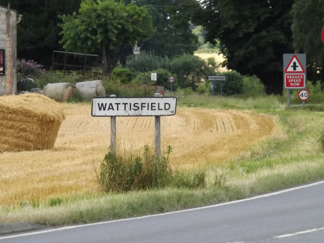 Wattisfield Village Name sign on the A143 Snape Hill