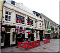 Four flags on the Old Arcade pub, Cardiff