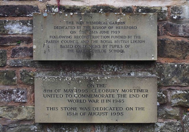 Two plaques by War Memorial Garden, Church Street, Cleobury Mortimer, Shrops