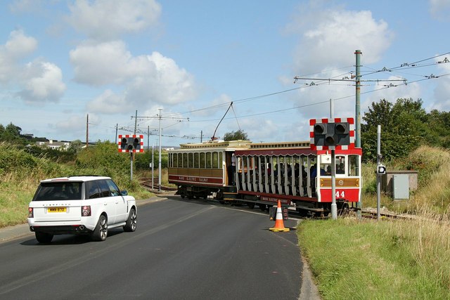 Manx Electric Railway winter saloon 19 with trailer 44 at Halfway level crossing
