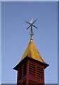 Milford church: weather-vane, shingled spire and belfry