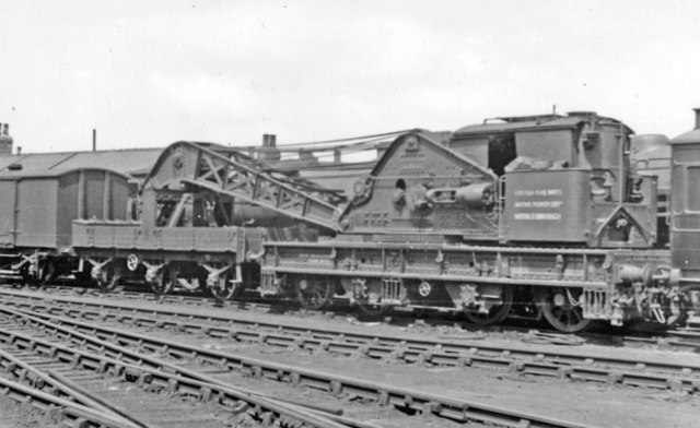 Breakdown crane outside Middlesbrough Locomotive Shed, 1954