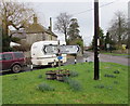 B4465 distances and directions signs on a grass triangle, Pucklechurch