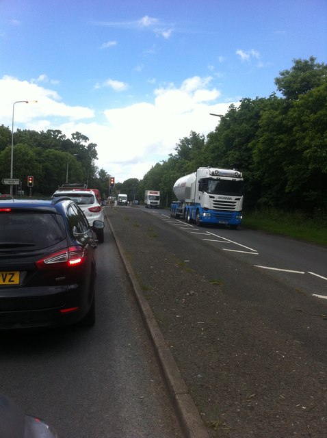 Stopped traffic, A38 at the Birmingham Road junction