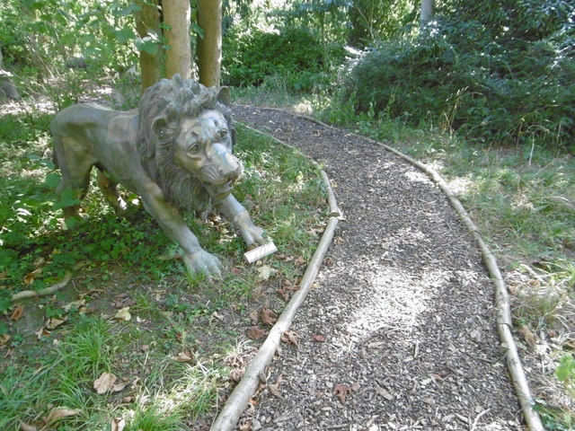 Path and 'lion' in the show garden at Chilstone