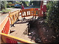 Fenced-off hole in Ross Road, Brampton Abbotts