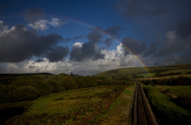 Rainbow over Corfe Castle