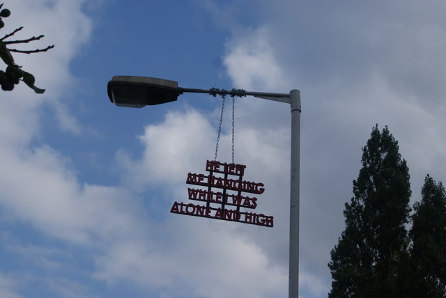 View of "he left me hanging while I was alone and high" writing hanging from a lamp post on Pedley Street