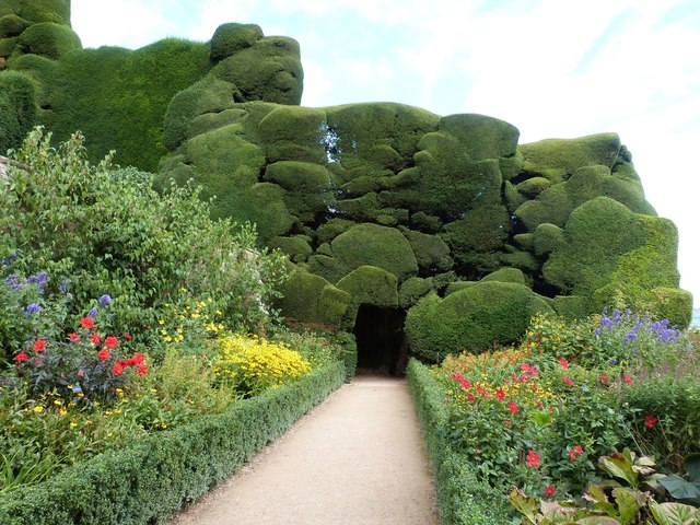 Flower borders and sculptured Yew Trees, Powis Castle