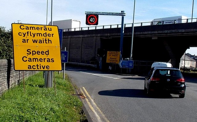 Speed Cameras active signs at M4 motorway junction 26, Newport