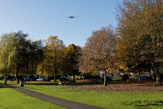 An aeroplane passes over The Moor on its way to Manchester Airport