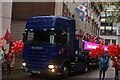 View of a lorry with song lyrics on an LED screen in the Lord Mayor