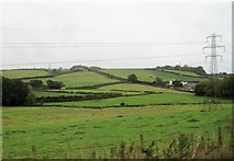 SX8365 : View from a Plymouth-Exeter train - fields and pylons near Bow Grange by Nigel Thompson