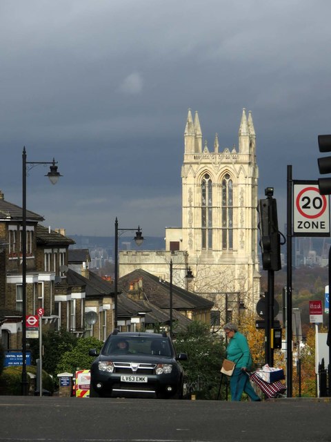 Looking down Gipsy Hill to Christ Church Tower