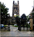 Ornate gates at the northern entrance to St Giles Church, Wrexham