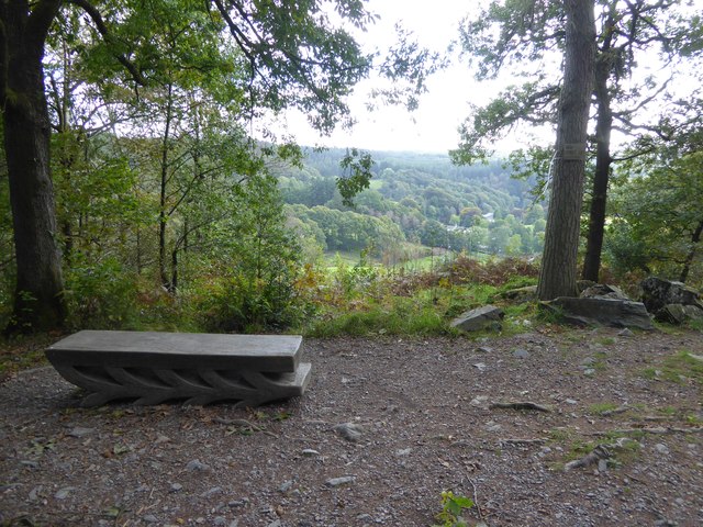 Sculptured seat and view across the Grizedale valley