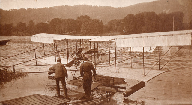 An early aeroplane at Windermere, Lake District