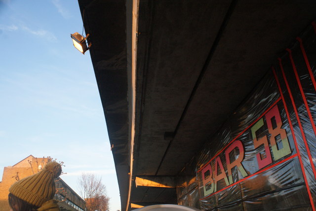 View of the underside of the Westway viaduct from Acklam Road