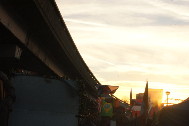 View of the Westway viaduct from the Portobello Road Winter Festival