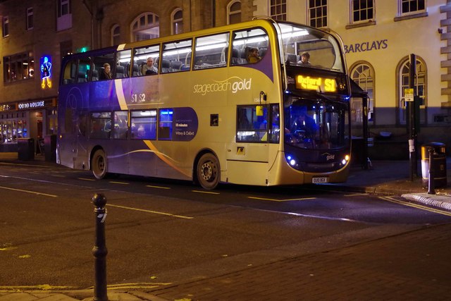 Stagecoach bus no. 15618 at night in Market Square, Witney, Oxon