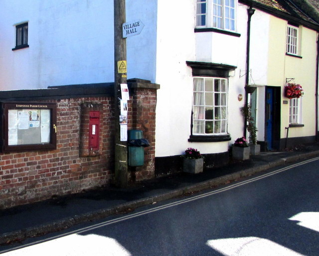 Lympstone Parish Council noticeboard and a wall postbox, Lympstone