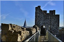 TQ7468 : Rochester Castle: The east turret and Cathedral spire by Michael Garlick