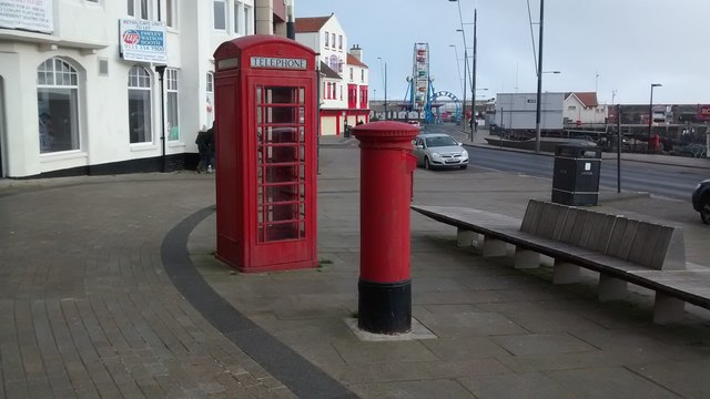 Elizabeth II postbox and telephone box on Sandside, Scarborough