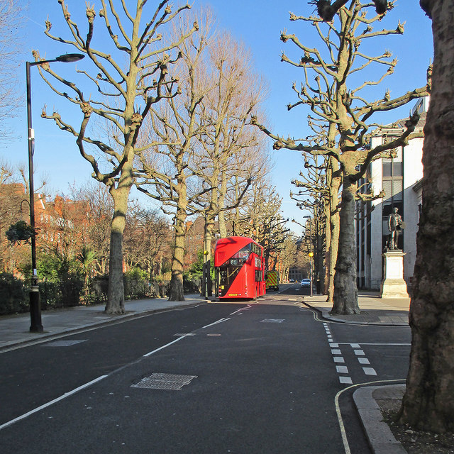 Blue sky, red bus, pollarded trees and John Millais