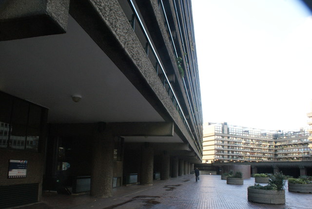 View along the underside of Lauderdale Tower from the Barbican Estate