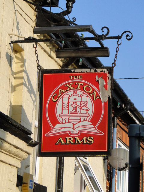 The hanging sign of 'The Caxton Arms'