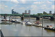 TQ2676 : Boats moored, Battersea Reach & Battersea Railway Bridge by N Chadwick