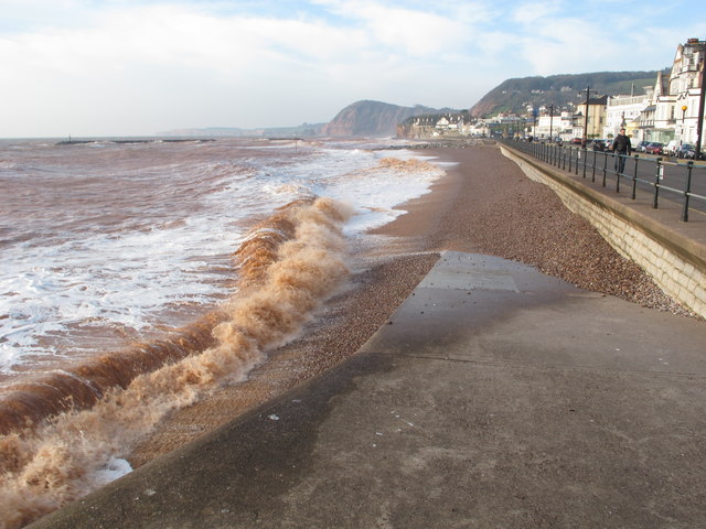 Sidmouth Esplanade, waves on shingle at high tide 