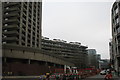 View of a block of flats in the Barbican Estate from outside Barbican station