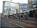 Bus stop in the middle of Woodhouse Lane, Leeds