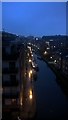 Narrowboats on the Ashton Canal at dusk. Manchester City Centre