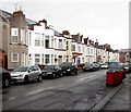 Harrow Road houses, cars and red wheelie bins, Newport