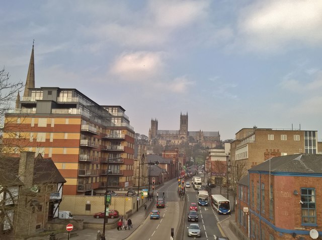 Prospect of Lincoln Cathedral from footbridge over Broadgate