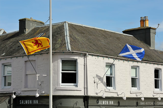 Flags outside the Salmon Inn, Galashiels