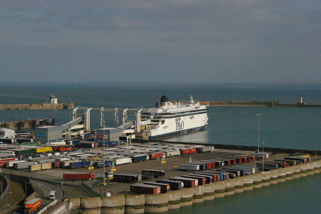 Dover Eastern Docks: a recently-arrived P&O ferry discharges freight traffic