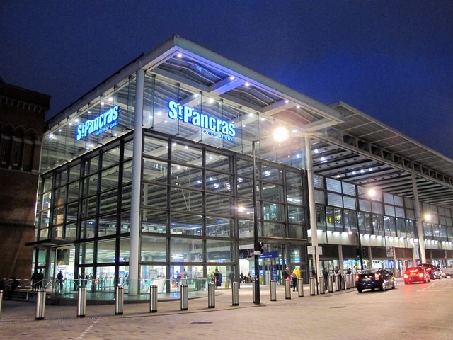 St. Pancras International station entrance on Pancras Road (at night)