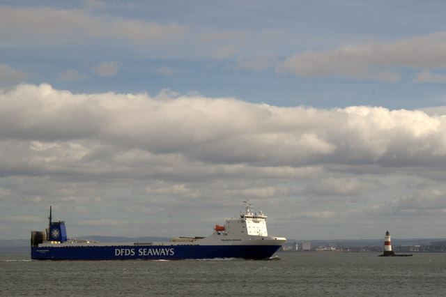 DFDS Seaways cargo ship Finlandia Seaways passing Oxcars Lighthouse