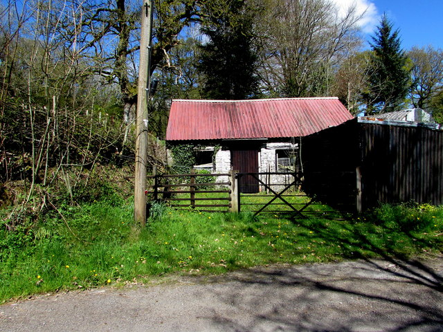 Outhouse with a corrugated metal roof, Cynghordy, Carmarthenshire