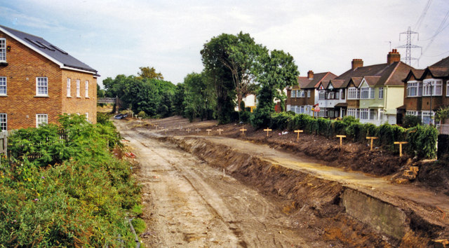 Croydon Tramlink under construction at site of Mitcham station, 1998