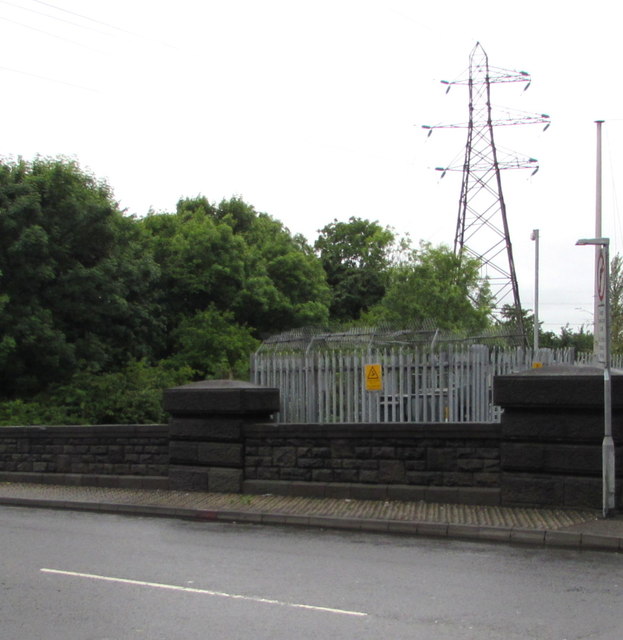 Riverbank electricity substation and pylon, Cardiff