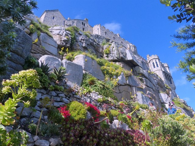 Looking up to the castle from the gardens, St Michaels Mount