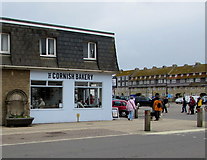 SY4690 : The Cornish Bakery and a Grade II listed old fountain, West Bay, Dorset by Jaggery