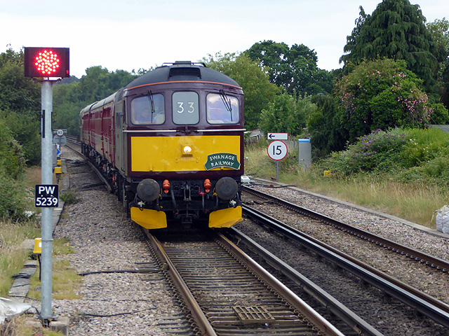 A train from Swanage approaching Wareham station