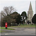 SO8014 : Queen Elizabeth II pillarbox and a church tower with spire, Quedgeley by Jaggery